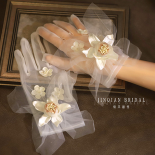 法式甜美彩色花朵网纱新娘手套，摄影拍照道具白色结婚新娘超仙手套