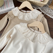 婴儿打底衫女宝宝纯棉洋气，公主女童蕾丝花瓣，领上衣白色长袖t恤秋