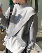 韩国chic秋冬小众设计款半高领，交叉不规则宽松长袖，针织加厚毛衣女(毛衣女)
