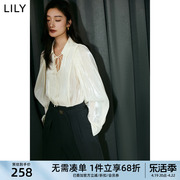 lily2024春女装温柔时尚流光优雅系带灯笼袖垂坠感衬衫雪纺衫