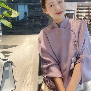 大牌外贸撤柜女装洋气减龄设计感高级新中式国风紫色长袖衬衫上衣