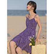 2023法式紫色小碎花海边度假连衣裙小众女夏季雪纺吊带裙子小个子