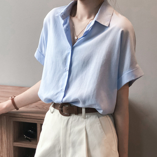 夏季薄款设计感小众衬衫女法式蓝色短袖天丝，亚麻上衣港风休闲衬衣