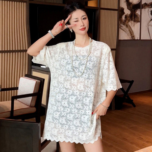 今年流行的漂亮米白色，短袖蕾丝衫女2024夏宽松(夏宽松)中长款气质上衣