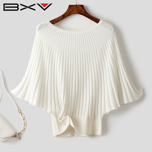 bxv蝙蝠袖针织衫女2024春秋，时尚设计感上衣女白色套头法式潮