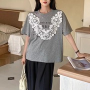夏季蕾丝拼接印花T恤女2024年时尚洋气短袖韩版薄款上衣