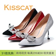 kisscat接吻猫2023新细高跟水钻，蝴蝶结尖头女单鞋ka32122-11