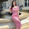 2024春夏装玫红色水溶蕾丝，短袖方领中长款连衣裙，越南设计师