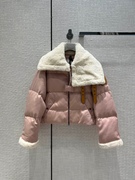 羊羔毛翻领设计感短款粉色羽绒服女法式2022冬季保暖外套上衣