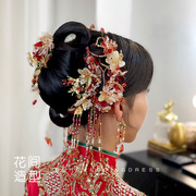 新娘中式秀禾服头饰手工奢华长，流苏凤冠发饰，红色简约婚礼饰品