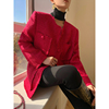 wangxo玫红色设计感小香风，外套女2023年冬季时尚，显瘦百搭呢子大衣