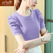 纯棉t恤女短袖2024夏季小衫紫色，正肩法式泡泡，袖修身显瘦上衣