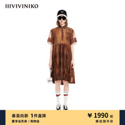 iiiviviniko夏季欧根纱衬衫式，短袖压褶连衣裙女m320647177d