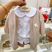韩国小飞马童装 23夏男女童娃娃领衬衫 薄款短裤针织开衫三件套