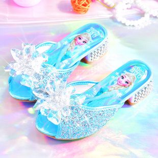 儿童水晶鞋夏季女童拖鞋，爱莎蓝色公主鞋时尚洋气，高跟外穿小孩凉拖