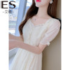 艾格es2023夏季中长短袖小个子，刺绣雪纺连衣裙超仙女泡泡袖潮