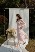TOP家 迷人优雅 法式高级复古烟粉色仙系丝绵长袖衬衫+半身裙套装