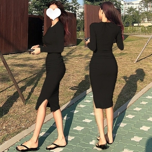 秋季韩版圆领过膝长裙，性感紧身包臀连衣裙，修身长袖一步裙女