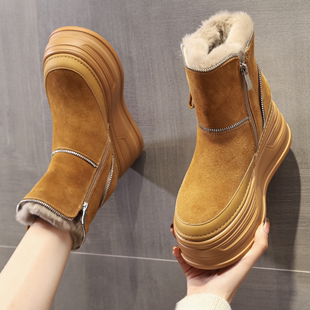 8cm坡跟厚底靴高跟鞋防水台松糕，兔毛保暖雪地，靴冬季真皮加绒女靴