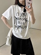 卡蔓诗enxi短袖T恤女24夏款韩版显瘦蝴蝶结字母印花棉体恤衫上衣