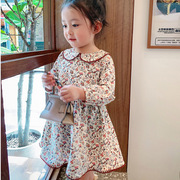 女童纯棉娃娃领连衣裙2024春装，小女孩洋气碎花长袖公主裙儿童