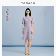 vgrass灰色格纹连衣裙夏季法式优雅亚麻连衣裙vsl2o24190