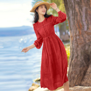 2023春季长袖文艺气质红色连衣裙女夏季显瘦中长款灯笼袖棉麻裙子