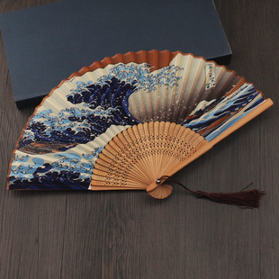 日式折扇神奈川日本扇子和风，扇形布面江户日式男女摆件