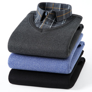 冬季保暖衬衫中年男爸爸装套头毛衣韩版假两件针织衫加绒加厚衬衣