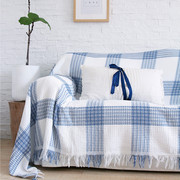 北欧全盖沙发布格子，沙发盖布纯棉沙发巾蓝色转角，沙发套坐垫全包