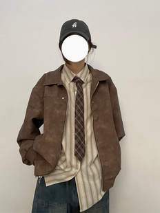 春秋款美式复古做旧棕色皮衣外套男潮牌麂皮绒高级感cleanfit夹克