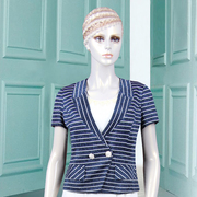 香港名师路夏季深蓝色立领横条纹金线针织职业OL西装外套短袖上衣