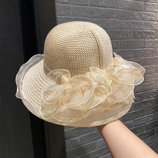 法式名媛帽子女夏季薄款花朵，盆帽洋气网纱渔夫帽，大檐遮阳防晒凉帽