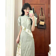 新中式绿色拼接高级感设计感小清新改良旗袍连衣裙女夏季显瘦