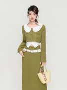 ZFIOD法式复古橄榄绿两件套装早秋蕾丝娃娃领短外套+包臀半身裙子