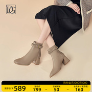 商场同款羊皮法式粗跟时装短靴女2023秋冬真皮方头高跟及踝靴