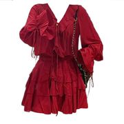 90-200斤红色年会过年荷叶边套装裙系带v领上衣+半身裙蛋糕裙