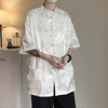 新中式男装白衬衫半袖中国风唐装，高级垂感短袖龙暗纹(龙暗纹)双面外套衬衣