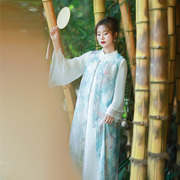 薄荷春新中式国风旗袍，领连衣裙女夏季白色，长裙蓝色开衫两件套