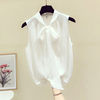 法式蝴蝶结系带白色，无袖雪纺衬衫