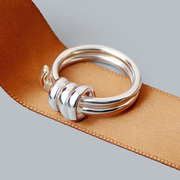 925银戒指女款弹簧，缠绕双环戒指女小众，设计素银时尚双环扭线戒指