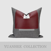 新中式样板房抱枕设计师靠垫灰色面棉麻肌理拼接红色皮革装饰靠包