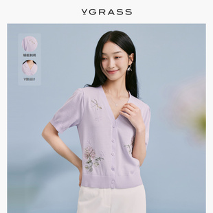 vgrass独特别致温柔风，淡紫色针织衫夏季气质v领vzo1o23070