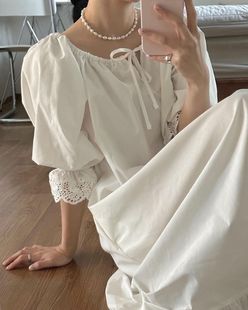 新版韩国小众frecklefever同款法式气质泡泡袖蕾丝连衣裙