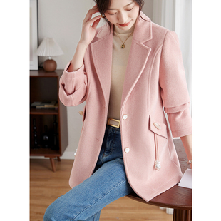 羊毛呢西装领外套，女春秋季2024粉色高级感大衣毛呢中长款外套
