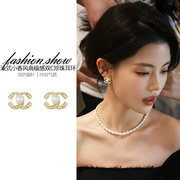 法式复古双c珍珠耳环，女时尚气质小香风纯银，耳钉金色耳坠精致耳饰