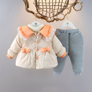 女童棉衣棉裤套装女宝宝冬季加绒加厚棉服两件套新生婴儿衣服洋气