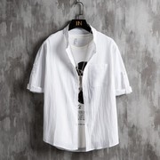 夏季棉麻7七分袖衬衫男士亚麻加大码纯色中袖韩版潮流短袖衬衣