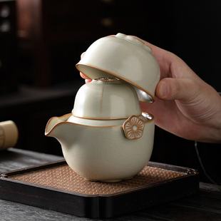 米黄汝窑快客杯一壶一杯单个人专用手抓泡茶壶茶杯便携式旅行茶具