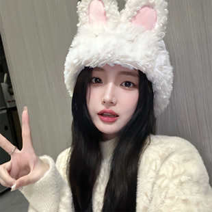 韩国可爱毛绒兔耳朵针织帽子女，秋冬季保暖护耳显脸小毛线帽冷帽潮